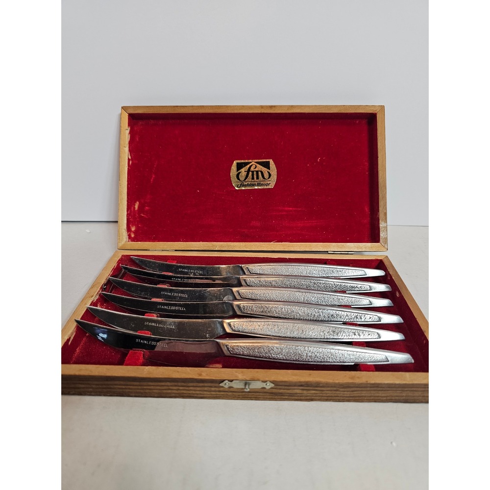Vintage Fashion Manor 6 Piece Steak Knife Set Stainless Steel Japan Wood Case